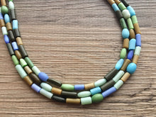 Load image into Gallery viewer, Chunky Earth Tone Glass Statement Necklace, multi Strand Beaded Jewelry, Blue jewelry, brown necklace, blue green tube necklace