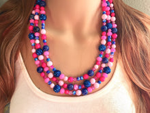 Load image into Gallery viewer, Gender Reveal Party Necklace, Pink and Blue Triple Layer statement necklace, chunky bib necklace, party gift jewelry, baby shower necklace