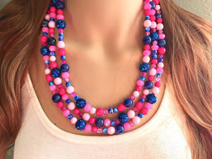 Gender Reveal Party Necklace, Pink and Blue Triple Layer statement necklace, chunky bib necklace, party gift jewelry, baby shower necklace