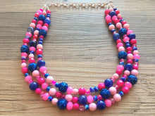 Load image into Gallery viewer, Gender Reveal Party Necklace, Pink and Blue Triple Layer statement necklace, chunky bib necklace, party gift jewelry, baby shower necklace