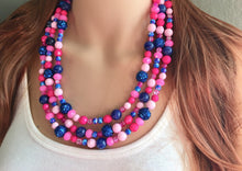 Load image into Gallery viewer, Gender Reveal Party Necklace, Pink and Blue Triple Layer statement necklace, chunky bib necklace, party gift jewelry, baby shower necklace