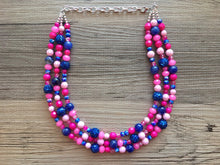 Load image into Gallery viewer, Gender Reveal Party Necklace, Pink and Blue Triple Layer statement necklace, chunky bib necklace, party gift jewelry, baby shower necklace