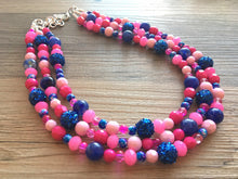 Load image into Gallery viewer, Gender Reveal Party Necklace, Pink and Blue Triple Layer statement necklace, chunky bib necklace, party gift jewelry, baby shower necklace