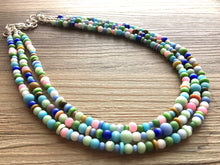 Load image into Gallery viewer, Chunky Jewel Tone Glass Statement Necklace, multi Strand Beaded Jewelry, Blue &amp; Pink jewelry, brown necklace, blue green ball necklace