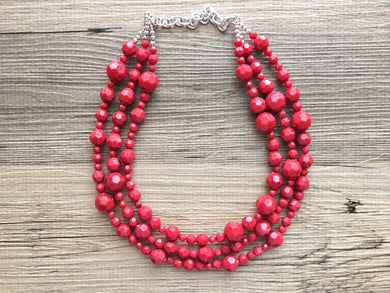 Reddish Coral TripleStrand statement necklace, dark red big beaded chunky jewelry, fall statement necklace, ball beaded bubble necklace