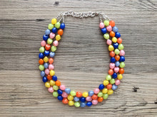 Load image into Gallery viewer, Statement Necklace, rainbow triple strand chunky bib beaded jewelry, colorful bead necklace, thick textured rainbow statement