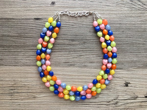 Statement Necklace, rainbow triple strand chunky bib beaded jewelry, colorful bead necklace, thick textured rainbow statement