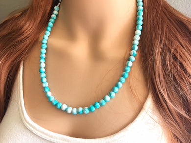 Turquoise Blue White strand Beaded Statement Necklace, Chunky Bib white and Teal Single Strand Jewelry Light blue swirl earrings bracelet