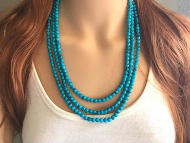 Teal Blue + Black 3 strand Beaded Statement Necklace, Chunky Bib white and Teal Multi-Strand Jewelry Light blue swirl beads ocean side