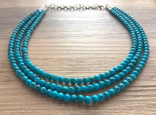 Load image into Gallery viewer, Teal Blue + Black 3 strand Beaded Statement Necklace, Chunky Bib white and Teal Multi-Strand Jewelry Light blue swirl beads ocean side