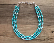 Load image into Gallery viewer, Turquoise Blue 3 strand Beaded Statement Necklace, Chunky Bib white and Teal Multi-Strand Jewelry Light blue swirl beads ocean side