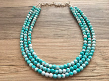 Load image into Gallery viewer, Turquoise Blue 3 strand Beaded Statement Necklace, Chunky Bib white and Teal Multi-Strand Jewelry Light blue swirl beads ocean side