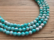 Load image into Gallery viewer, Turquoise Blue 3 strand Beaded Statement Necklace, Chunky Bib white and Teal Multi-Strand Jewelry Light blue swirl beads ocean side