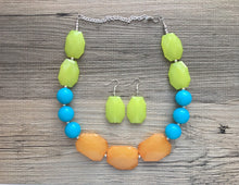 Load image into Gallery viewer, Lime Green, Sea Blue &amp; Clementine Orange Big Bead Necklace, single Strand Statement Jewelry, green blue orange Chunky bib, bridesmaid