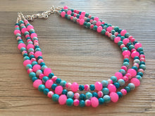 Load image into Gallery viewer, Turquoise Blue &amp; Neon Pink 3 strand Beaded Statement Necklace, Chunky Bib white and Teal Multi-Strand Jewelry tie dye, pink jewelry