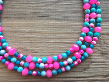 Load image into Gallery viewer, Turquoise Blue &amp; Neon Pink 3 strand Beaded Statement Necklace, Chunky Bib white and Teal Multi-Strand Jewelry tie dye, pink jewelry