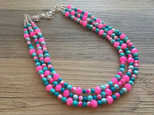 Load image into Gallery viewer, Turquoise Blue &amp; Neon Pink 3 strand Beaded Statement Necklace, Chunky Bib white and Teal Multi-Strand Jewelry tie dye, pink jewelry