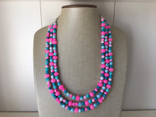 Load image into Gallery viewer, Turquoise Blue &amp; Neon Pink 3 strand Beaded Statement Necklace, Chunky Bib white and Teal Multi-Strand Jewelry tie dye, pink jewelry