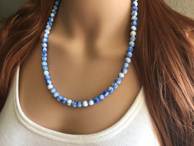 Royal Blue + White strand Beaded Statement Necklace, Chunky Bib white and blue Single Strand Jewelry tie dye swirl earrings bracelet