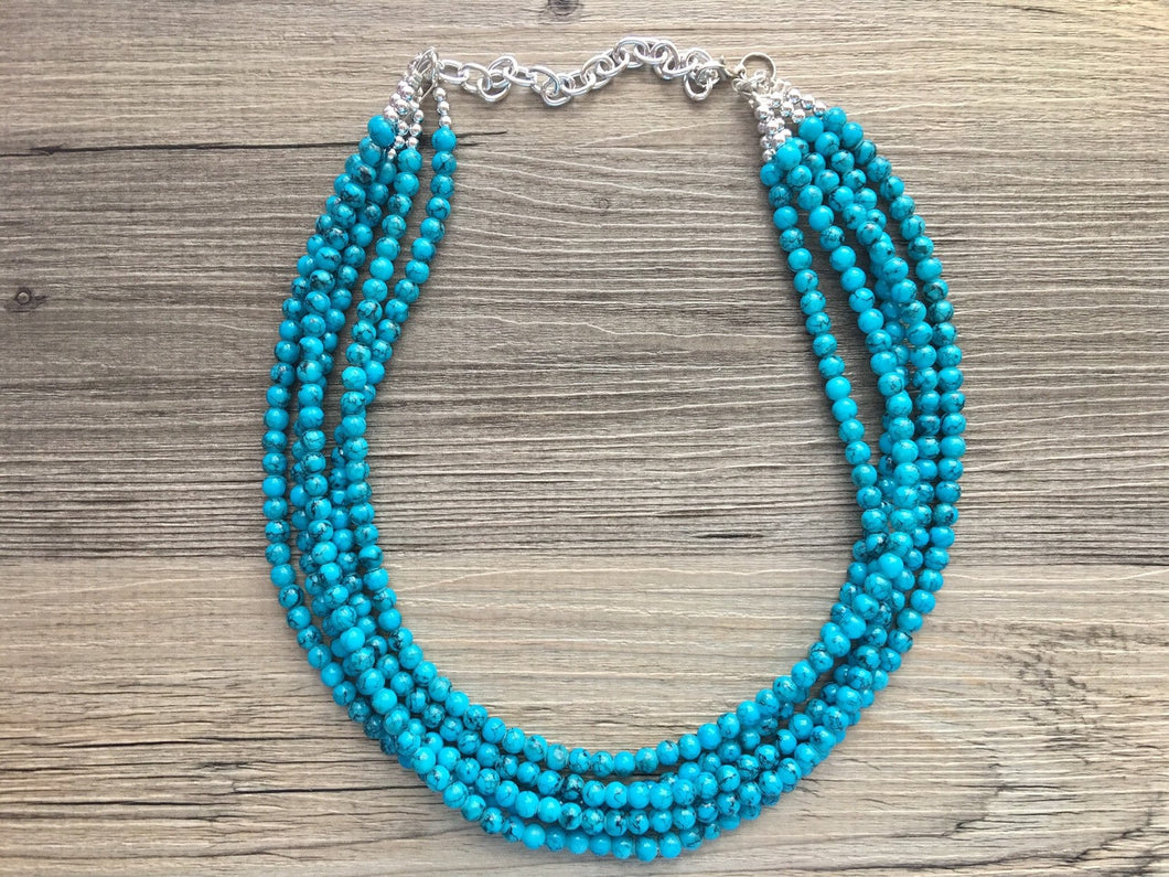 Teal Blue + Black 5 strand Beaded Statement Necklace, Chunky Bib white and Teal Multi-Strand Jewelry Light blue swirl beads ocean side