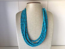 Load image into Gallery viewer, Teal Blue + Black 5 strand Beaded Statement Necklace, Chunky Bib white and Teal Multi-Strand Jewelry Light blue swirl beads ocean side