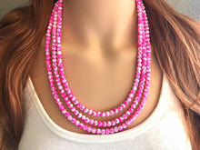 Load image into Gallery viewer, Hot Pink TIE DYE 3 strand Beaded Statement Necklace, Chunky Bib white and Pink Multi-Strand Jewelry Light swirl, neon pink jewelry
