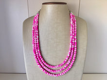 Load image into Gallery viewer, Hot Pink TIE DYE 3 strand Beaded Statement Necklace, Chunky Bib white and Pink Multi-Strand Jewelry Light swirl, neon pink jewelry