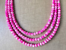 Load image into Gallery viewer, Hot Pink TIE DYE 3 strand Beaded Statement Necklace, Chunky Bib white and Pink Multi-Strand Jewelry Light swirl, neon pink jewelry