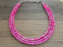 Load image into Gallery viewer, Hot Pink TIE DYE 3 strand Beaded Statement Necklace, Chunky Bib white and Pink Multi-Strand Jewelry Light swirl, neon pink jewelry