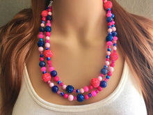 Load image into Gallery viewer, Gender Reveal Party Necklace, Pink and Blue Double Layer statement necklace, chunky bib necklace, party gift jewelry, baby shower necklace