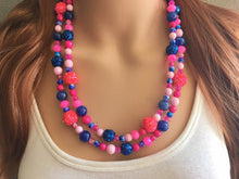 Load image into Gallery viewer, Gender Reveal Party Necklace, Pink and Blue Double Layer statement necklace, chunky bib necklace, party gift jewelry, baby shower necklace