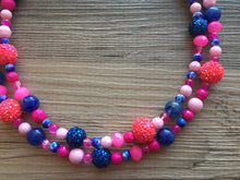 Load image into Gallery viewer, Gender Reveal Party Necklace, Pink and Blue Double Layer statement necklace, chunky bib necklace, party gift jewelry, baby shower necklace