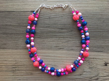 Load image into Gallery viewer, Gender Reveal Party Necklace, Pink and Blue Double Layer statement necklace, chunky bib necklace, party gift jewelry, baby shower necklace