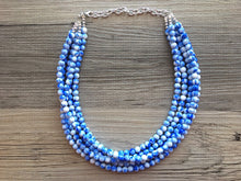 Load image into Gallery viewer, Royal Blue + White 5 strand Beaded Statement Necklace, Chunky Bib white and Blue Multi-Strand Jewelry Light blue swirl beads ocean side