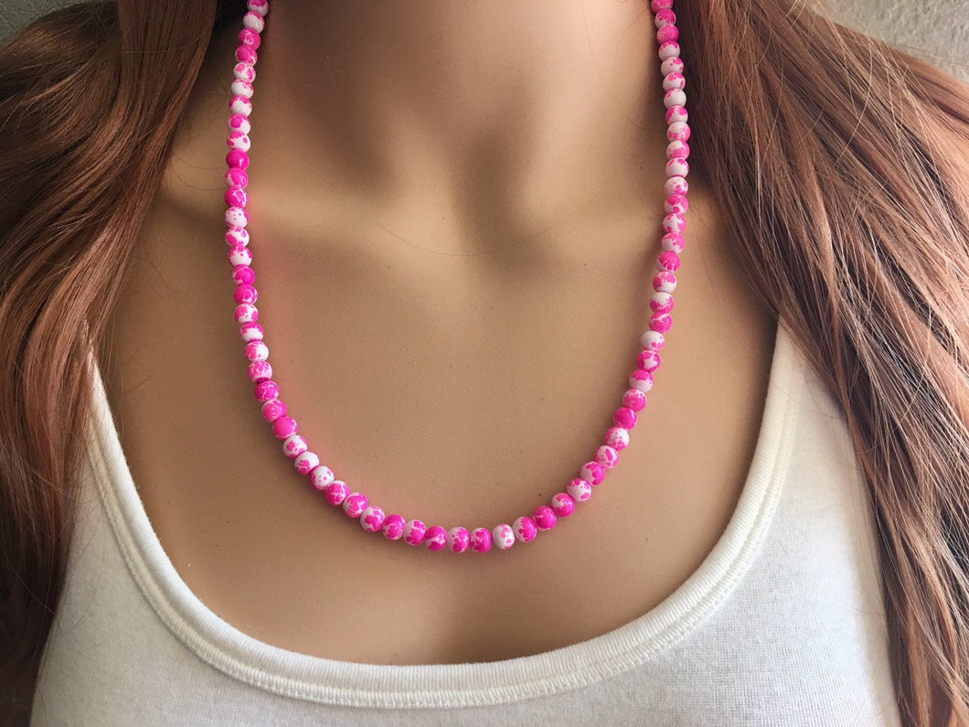 Neon Pink + White strand Beaded Statement Necklace, Chunky Bib white and pink Single Strand Jewelry tie dye swirl earrings bracelet