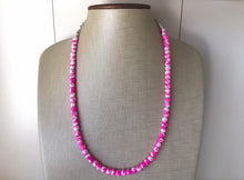 Load image into Gallery viewer, Neon Pink + White strand Beaded Statement Necklace, Chunky Bib white and pink Single Strand Jewelry tie dye swirl earrings bracelet
