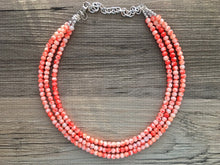Load image into Gallery viewer, Neon Orange TIE DYE 3 strand Beaded Statement Necklace, Chunky Bib white and Orange Multi-Strand Jewelry Light swirl, neon jewelry