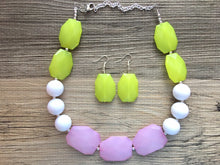 Load image into Gallery viewer, Lime Green, White, blush pink Big Bead Necklace, single Strand Statement Jewelry, green and pink sorority Chunky bib, bridesmaid