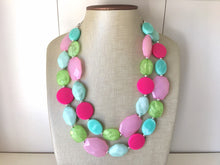 Load image into Gallery viewer, Watermelon Summer OOAK chunky beaded statement necklace, pink and green necklace, mint green dark pink light pink blush