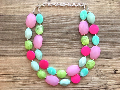 Watermelon Summer OOAK chunky beaded statement necklace, pink and green necklace, mint green dark pink light pink blush