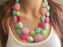 Load image into Gallery viewer, Watermelon Summer OOAK chunky beaded statement necklace, pink and green necklace, mint green dark pink light pink blush