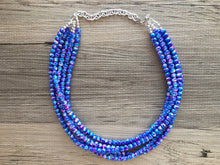 Load image into Gallery viewer, Pink + Royal Blue 5 strand Beaded Statement Necklace, Chunky Bib white and Blue Multi-Strand Jewelry Pink tie dye swirl beads