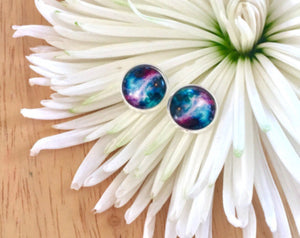 Galaxy earrings, 12mm earrings, sparkle earrings, stud earrings, circle earring, silver earrings, space earrings, purple earrings