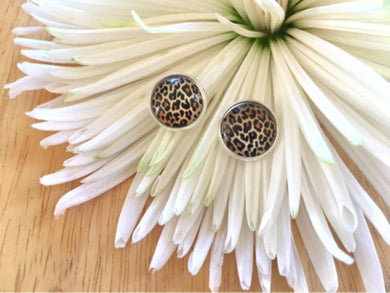 Cheetah earrings, 12mm earrings, sparkle earrings, stud earrings, circle earring, silver earrings, animal print earrings, brown earrings