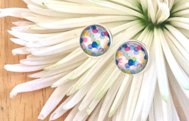 Watercolor Polka Dot earrings, 12mm earrings, sparkle earrings, stud earrings, circle earring, silver earrings, rainbow earrings