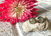 Load image into Gallery viewer, Cheetah earrings, 12mm earrings, sparkle earrings, stud earrings, circle earring, gold earrings, animal print earrings, brown earrings