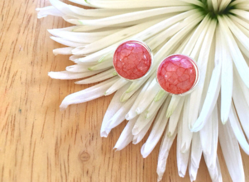 Red crackle earrings, 12mm earrings, colorful earrings, stud earrings, circle earring, silver earrings, red earrings, red jewelry, red studs