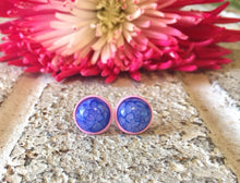 Load image into Gallery viewer, Blue &amp; Pink Crackle earrings, 12mm earrings, resin earrings, colorful earrings, chunky earrings, circle earring, blue earrings, pink earring