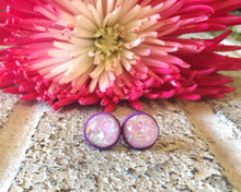 Load image into Gallery viewer, Purple &amp; Lavender Confetti earrings, 12mm earrings, resin earrings, colorful earrings, chunky earrings, circle earring, gold earrings, lilac