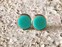 Load image into Gallery viewer, Chic Mint &amp; Gold Minimalist earrings, 12mm earrings, resin earrings, green earrings, chunky earrings, circle earring, gold earrings, mint